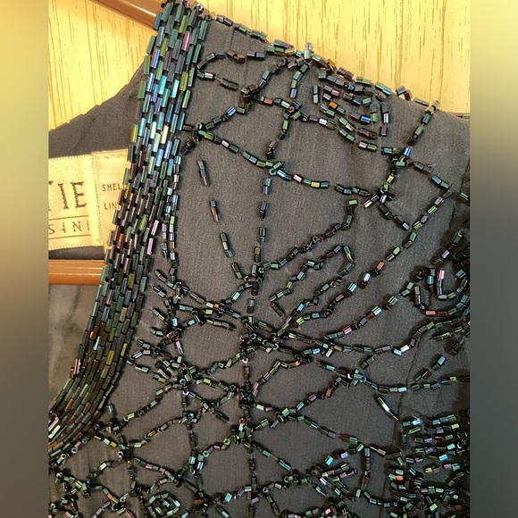 Vintage 90s Oleg Cassini Black Tie Beaded Silk Midnight Blue Cocktail Dress 6 - Picture 9 of 12